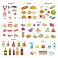 Food set. Collection of various meals, fish and meat, vegetables and fruits, milk and bread Royalty Free Stock Photo