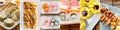 Food set of different Sushi Roll. Collage. Japanese cuisiune