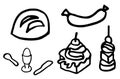Food set icon, bread sausage canape egg, painted in black and white on a white background.