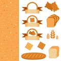 Food set of icons and labels - elements for bakery. Vector collection of baking. Bread background texture.