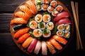 food set japan sushi roll seafood meal fish japanese rice. Generative AI.