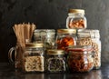 Food set. Raw cereals, pasta, groats, organic legumes and useful seeds in glass jars. Royalty Free Stock Photo