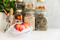 Food set. Raw cereals, pasta, groats, organic legumes and useful seeds in glass jars. Royalty Free Stock Photo