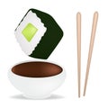 Food set with sushi and rolls, chopsticks, soy sauce in white sauceboat isolated vector illustration. Realistic conÃÂept