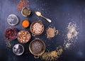 Food set of various Legumes, sereals, beans, grain and seeds. Kind of lentils, bulgur, mash, chickpeas, sunflower seeds, couscous