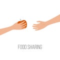 Food sharing donating hunger poverty concept. Hand giving apple. Vector illustration in cartoon style Royalty Free Stock Photo