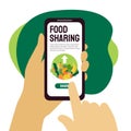 Food sharing project template. Hands holding smartphone.