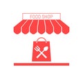 Food Shop, Grocery Store Single Flat Vector Icon. Striped Awning and Signboard