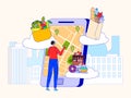 Food shop online, delivery service vector illustration. Man client choose address at smartphone gps map for fast