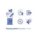 Food shopping bag, grocery store package, fresh vegetables line icon, sale announcement megaphone