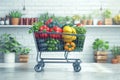 Food in shopping cart, buying fresh vegetable, fruit, grocery in supermarket, healthy vegan lifestyle Royalty Free Stock Photo