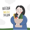 Food shopping and a food plan for vegans. A happy girl is coming from a grocery store.