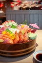 Premium Japanese seafood Sashimi, salmon, shrimp, Tuna, Otoro on