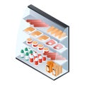 Food showcase fridge icon, isometric style