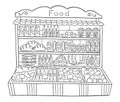 Food showcase. Supermarket or street market. Grocery retail. Shop store. Hand drawn sketch. Vector illustration.