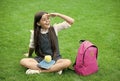 Food for sight. Happy child look into distance on green grass. School snack. Vision care and eye check. Eye sight Royalty Free Stock Photo