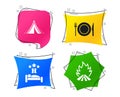 Food, sleep, camping tent and fire signs. Vector