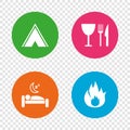 Food, sleep, camping tent and fire signs.