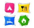 Food, sleep, camping tent and fire signs. Vector