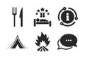 Food, sleep, camping tent and fire signs. Vector