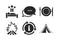 Food, sleep, camping tent and fire signs. Vector