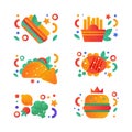 Food Snacks Flat Icon and Pictogram with French Fries, Hamburger and Tortilla Vector Set