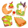 Food snacks set, delicious tasty fastfood collection with crispy croissant, sandwiches