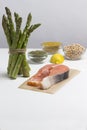 Food sources of omega 3, protein: fresh raw salmon, green peas, asparagus lemon bulgur chickpeas flax