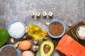 Food sources of omega 3 and unsaturated healthy fats. Concept of healthy food. keto or ketogenic diet Royalty Free Stock Photo