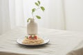 Food, spaghetti bolognese sauce in white dish and a vase of plants on a white prepared table Royalty Free Stock Photo