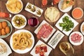 The food of Spain. Overhead photo of many different Spanish tapas Royalty Free Stock Photo