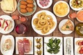 The food of Spain. Overhead photo of many different Spanish tapas Royalty Free Stock Photo