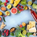 Food, square overhead shot of vegetables and fruits, legumes, wine and cheese