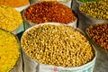 Food stacks in Delhi street bazaar, India