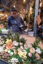 Borough Market, London UK, stall selling freshly made wild mushroom risotto made with spelt. Wild mushrooms in the foreground.