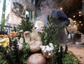 Borough Market, London UK, stall selling freshly made wild mushroom risotto made with spelt. Wild mushrooms in the foreground.