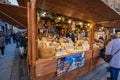 Food-stall selling Italian cheese in a Christmas market in Spinningfields modern development area of Manchester Royalty Free Stock Photo