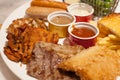 Food Steaks and Sausages Assortment Spicy Chicken, Pork, Beef, Fish served with French Fried and baked bread, sided with