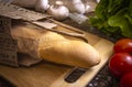 French baguette, fresh salad, cherry tomatoes and mushrooms