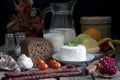 Food still life on vintage old retro wooden boards