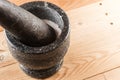 Food stone mortar and pestle on wooden background Royalty Free Stock Photo