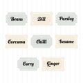 Food storage labels. Kitchen food tags collection for kitchen containers or jars. Curry, curcuma, dill, chilli