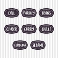 Food storage labels. Kitchen food tags collection for kitchen containers or jars. Curry, ginger, curcuma, dill, chilli