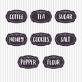 Food storage labels. Kitchen food tags collection for kitchen containers or jars. Sugar, salt, coffee, tea, honey, pepper