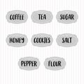 Food storage labels. Kitchen food tags collection for kitchen containers or jars. Sugar, salt, coffee, tea, honey