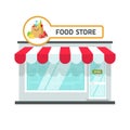 Food store building vector illustration, grocery shop facade storefront