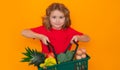 Food store. Child with hopping basket, isolated on yellow background. Child with shopping basket and grocery. Kids