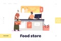 Food store concept of landing page with senior woman at supermarket cashier desk paying Royalty Free Stock Photo