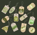 Food store labels. Paper tags with logo of healthy fresh organic fruits and vegetables for grocery marketplace or shop Royalty Free Stock Photo