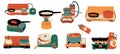 Food on stove. Cookery utensil for cooking stands on gas fire heater, kitchenware appliance on portable burner cartoon